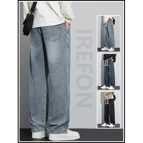 牛仔褲男款冬季加絨加厚松緊腰直筒寬鬆春秋新款濶腿工裝休閒長褲