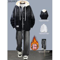 冬季加絨加厚牛仔外套男孩青少年連帽夾克帥氣潮流套裝初高中學生