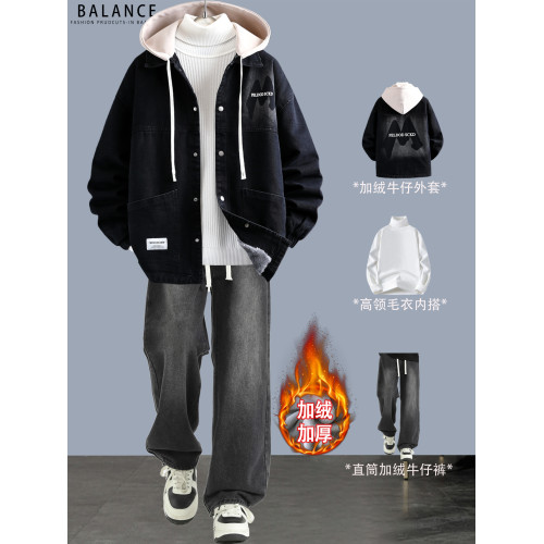 冬季加絨加厚牛仔外套男孩青少年連帽夾克帥氣潮流套裝初高中學生