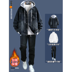 加厚牛仔外套男套裝秋冬季夾克青少年高中學生加絨保暖上衣服潮流