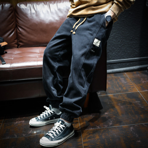 冬季加絨美式束腳牛仔褲男寬鬆潮牌美式褲子男士工裝褲大碼哈倫褲