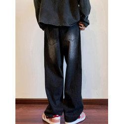 美式高街vibe黑色牛仔褲男款潮牌寬鬆水洗直筒褲冬季濶腿拖地長褲