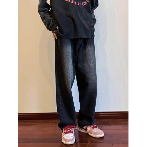 美式高街vibe黑色牛仔褲男款潮牌寬鬆水洗直筒褲冬季濶腿拖地長褲