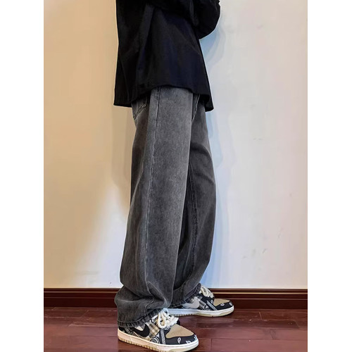 美式高街vibe黑色牛仔褲男款潮牌寬鬆水洗直筒褲冬季濶腿拖地長褲