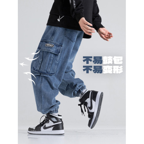 高街工裝褲子男款春季美式束腳長褲休閒大碼寬鬆男士牛仔褲濶腿