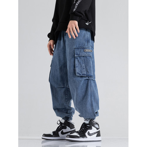 高街工裝褲子男款春季美式束腳長褲休閒大碼寬鬆男士牛仔褲濶腿