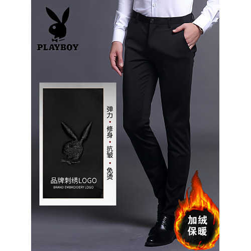 花花公子秋冬休閒褲男光面韓版彈力加絨長褲修身小腳褲商務西褲潮