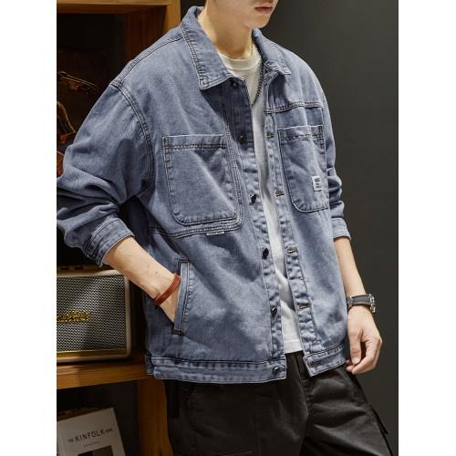 高級感牛仔外套男潮牌復古水洗工裝夾克秋冬季寬鬆休閒繙領上衣服