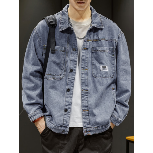 高級感牛仔外套男潮牌復古水洗工裝夾克秋冬季寬鬆休閒繙領上衣服