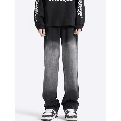 美式漸變牛仔褲男秋季高街潮寬鬆做舊直筒褲加絨加厚休閒微喇褲子