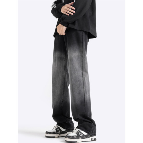 美式漸變牛仔褲男秋季高街潮寬鬆做舊直筒褲加絨加厚休閒微喇褲子