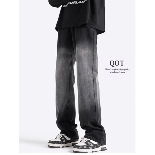 美式漸變牛仔褲男秋季高街潮寬鬆做舊直筒褲加絨加厚休閒微喇褲子