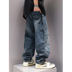 藍色水洗直筒牛仔褲冬秋男松緊腰設計感基礎款休閒加絨長褲