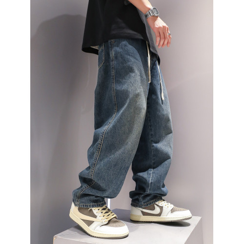 藍色水洗直筒牛仔褲冬秋男松緊腰設計感基礎款休閒加絨長褲