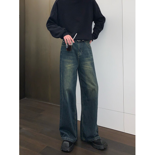 【明星同款】cuibuju復古做舊水洗牛仔褲直筒濶腿寬鬆休閒褲男女