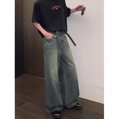 【明星同款】cuibuju復古做舊水洗牛仔褲直筒濶腿寬鬆休閒褲男女