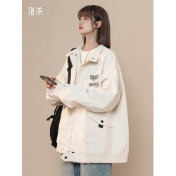 洛濃無性別秋季沖鋒夾克外套男女綉花寬鬆防潑水大碼高街潮牌學生