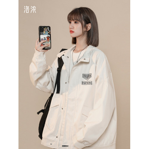 洛濃無性別秋季沖鋒夾克外套男女綉花寬鬆防潑水大碼高街潮牌學生