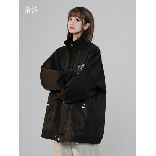 洛濃無性別秋季沖鋒夾克外套男女綉花寬鬆防潑水大碼高街潮牌學生