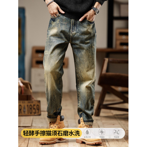 美式復古男士牛仔褲2025新款秋冬季直筒寬鬆潮牌做舊休閒工裝褲子