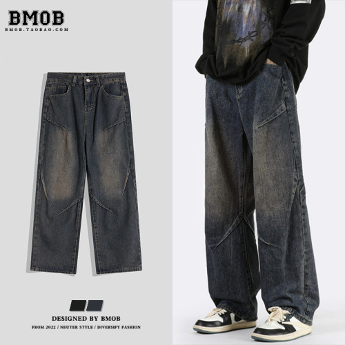 BMOB美式高街休閒做舊牛仔褲男潮牌街頭設計感痞帥春秋長褲潮寬鬆