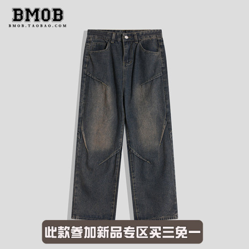 BMOB美式高街休閒做舊牛仔褲男潮牌街頭設計感痞帥春秋長褲潮寬鬆