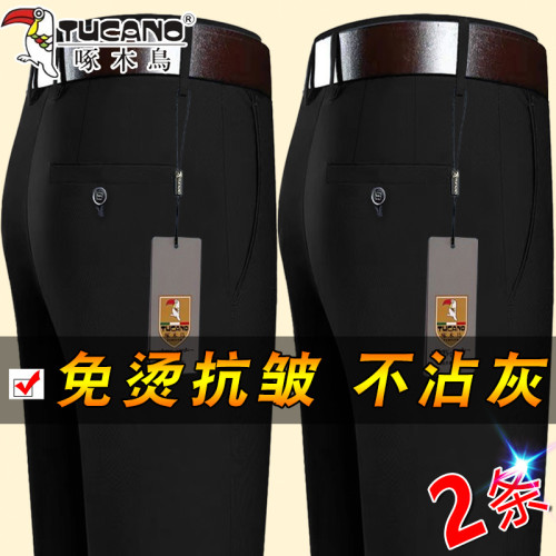 啄木鳥秋季新款高彈力男士休閒褲免燙耐磨抗皺寬鬆直筒加絨長褲子