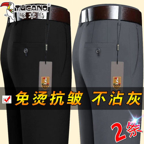 啄木鳥秋季新款高彈力男士休閒褲免燙耐磨抗皺寬鬆直筒加絨長褲子