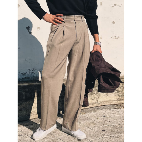 卡其色老錢風西褲男高腰休閒直筒寬鬆西裝褲商務韓系高級男士褲子