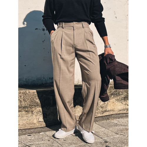 卡其色老錢風西褲男高腰休閒直筒寬鬆西裝褲商務韓系高級男士褲子