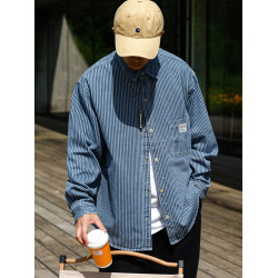 英倫高級感復古藍白條紋重磅牛仔襯衫男士春秋季美式長袖襯衣外套