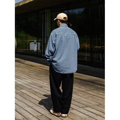 英倫高級感復古藍白條紋重磅牛仔襯衫男士春秋季美式長袖襯衣外套