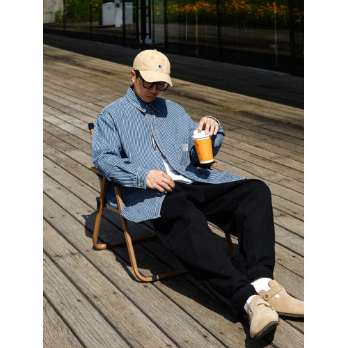 英倫高級感復古藍白條紋重磅牛仔襯衫男士春秋季美式長袖襯衣外套