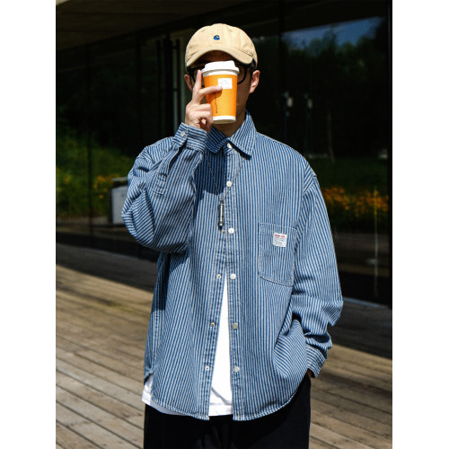 英倫高級感復古藍白條紋重磅牛仔襯衫男士春秋季美式長袖襯衣外套