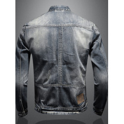 秋冬新款男士牛仔外套歐美休閒復古修身立領拉鍊夾克騎行機車服潮