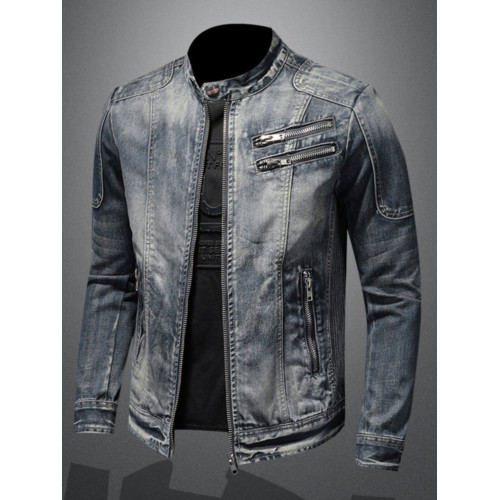 秋冬新款男士牛仔外套歐美休閒復古修身立領拉鍊夾克騎行機車服潮