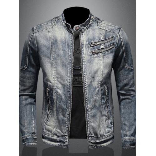 秋冬新款男士牛仔外套歐美休閒復古修身立領拉鍊夾克騎行機車服潮