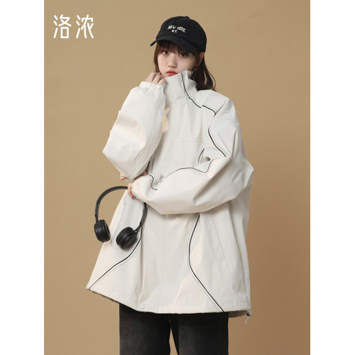 洛濃無性別秋季沖鋒夾克外套男女寬鬆大碼戶外防潑水立領青少年潮