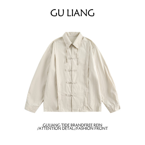 GU LIANG「設計師品牌」/男女同款/小衆國潮純色中式盤釦百搭襯衫