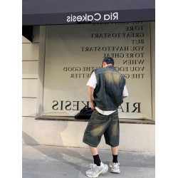 美式復古水洗做舊廢土風牛仔馬甲短褲套裝男夏季設計感搭配一整套