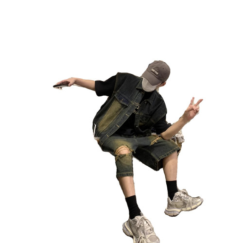 美式復古水洗做舊廢土風牛仔馬甲短褲套裝男夏季設計感搭配一整套