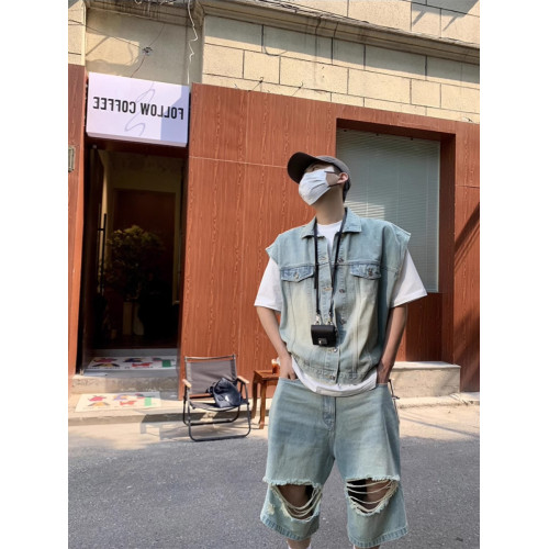 美式復古水洗做舊廢土風牛仔馬甲短褲套裝男夏季設計感搭配一整套