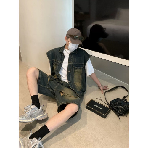 美式復古水洗做舊廢土風牛仔馬甲短褲套裝男夏季設計感搭配一整套