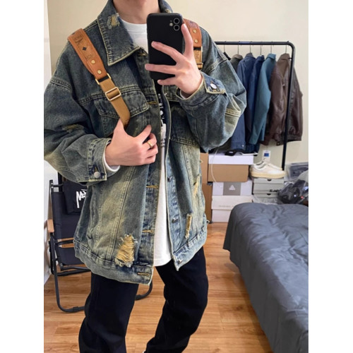 藍色破洞牛仔外套男春秋款美式高街痞帥水洗做舊高級感工裝夾克