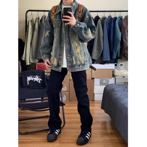 藍色破洞牛仔外套男春秋款美式高街痞帥水洗做舊高級感工裝夾克