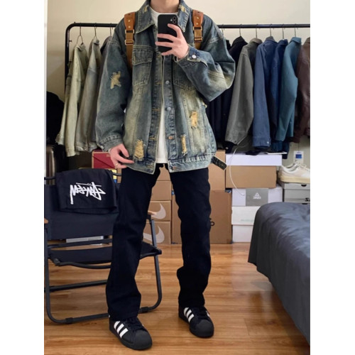 藍色破洞牛仔外套男春秋款美式高街痞帥水洗做舊高級感工裝夾克