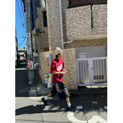 EAHO自製彩色印花水洗七分牛仔短褲男女直筒寬鬆濶腿褲夏季新款