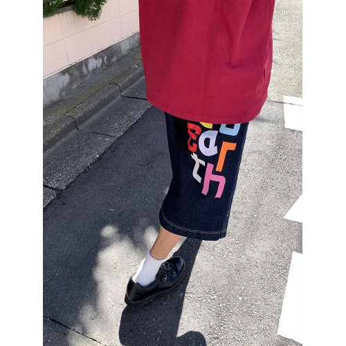 EAHO自製彩色印花水洗七分牛仔短褲男女直筒寬鬆濶腿褲夏季新款