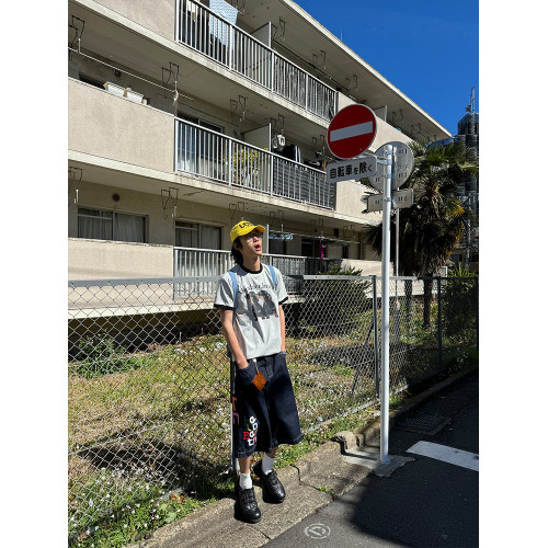 EAHO自製彩色印花水洗七分牛仔短褲男女直筒寬鬆濶腿褲夏季新款