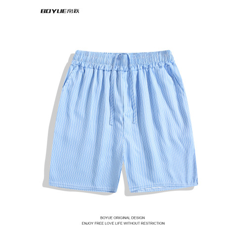BOYUE帛躍夏季清涼休閒居家藍色條紋短褲日常百搭寬鬆舒適五分褲